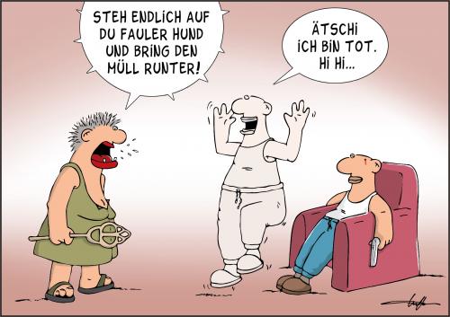 Cartoon: Endlich frei! (medium) by luftzone tagged tod,schuss,waffe,hausdrache,cartoon,schluss,vorbei,frei,müll,frau,mann,,beziehung,mann,gesellschaft,frau,gefangenschaft,freiheit,partnerschaft,ehe,selbstmord,tod,streit,tyrannei,tyrann,emanzipation,ärger,brüllen,schreien,geist,schadenfreude,unterdrückung,familie