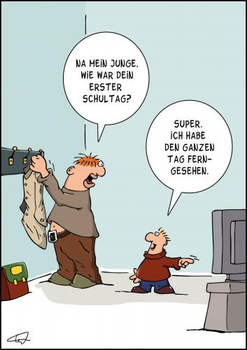 Cartoon: Erster Schultag (medium) by luftzone tagged schule,junge,kind,vater,fernsehen,cartoon,familie,erziehung,eltern,kinder,kind,vater,sohn,bildung,wissen,schule,schüler,einschulung,tv,fernsehen,werte,unterhaltung,freizeit,pisa,bildungspolitik