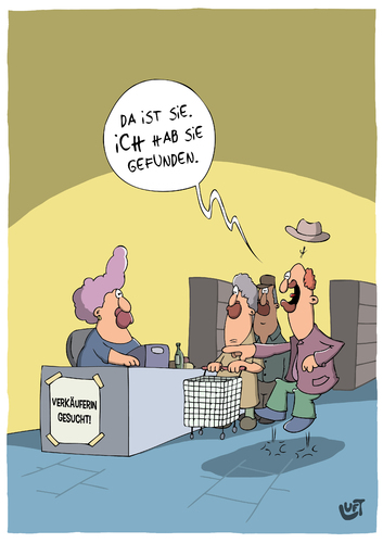 Cartoon: Gefunden (medium) by luftzone tagged cartoon,thomas,luft,lustig,verkäuferin,suche,supermarkt,kasse,kunden,cartoon,thomas,luft,lustig,verkäuferin,suche,supermarkt,kasse,kunden