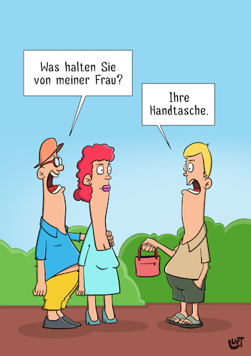 Cartoon: Handtasche (medium) by luftzone tagged thomasluft,cartoon,lustig,handtasche,ehepaar,mann,frau,kalauer,thomasluft,cartoon,lustig,handtasche,ehepaar,mann,frau,kalauer