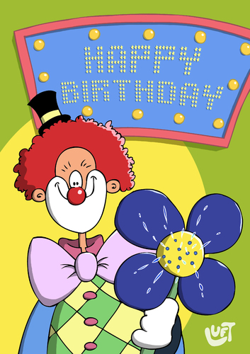 Cartoon: Happy Clown (medium) by luftzone tagged zylinder,karo,kariert,fliege,farbig,bunt,spritzen,wasser,blume,birthday,happy,zirkus,clown,geburtstag,karte,karikatur,zeichnung,brüller,lacher,comedy,lachen,freude,lustig,spaß,comic,humor,luftzone,luft,thomas,cartoon,cartoonalarm,water,flower,card,lachen,comedy,lacher,clown,zirkus,geburtstag,grußkarte