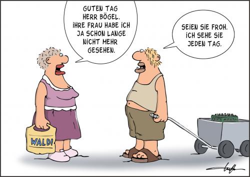 Cartoon: Lange nicht gesehen (medium) by luftzone tagged frau,cartoon,mann,bier,bierkasten,fun,bollerwagen,schwatzen,nachbarn,unterhaltung,beziehung,mann,frau,partnerschaft,ehe