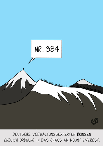 Cartoon: Mount Everest (medium) by luftzone tagged thomas,luft,cartoon,lustig,berge,mount,everest,warten,warteschlange,anstehen,gipfel,deutsch,verwaltung,ordnung,regeln,bergsteiger,thomas,luft,cartoon,lustig,berge,mount,everest,warten,warteschlange,anstehen,gipfel,deutsch,verwaltung,ordnung,regeln,bergsteiger