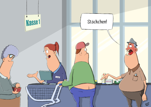 Cartoon: Stöckchen! (medium) by luftzone tagged thomas,luft,cartoon,lustig,einkaufen,einkauf,opa,oma,supermarkt,kassenband,kasse,verkäuferin,kassiererin,streit,wut,thomas,luft,cartoon,lustig,einkaufen,einkauf,opa,oma,supermarkt,kassenband,kasse,verkäuferin,kassiererin,streit,wut