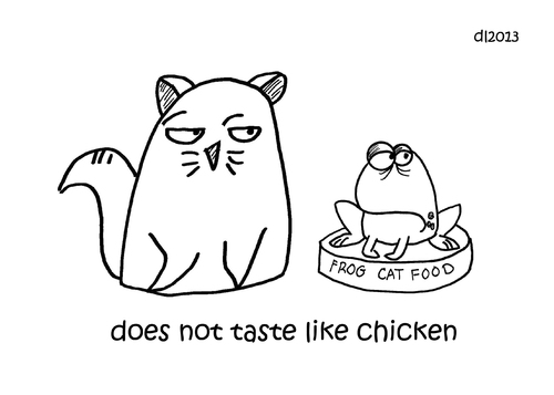 Cartoon: One Cats Thoughts (medium) by DebsLeigh tagged one,cat,thoughts,kitty,feline,frog,food