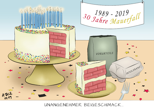 Cartoon: 30 Jahre Mauerfall (medium) by Ago tagged mauerfall,jahrestag,deutschland,wiedervereinigung,feiern,gedenken,friedliche,revolution,vollendung,anpassung,lebensverhältnisse,ost,west,unterschiede,getrübte,stimmung,vorurteile,nationalismus,abgrenzung,wahlerfolge,afd,geburtstagskuchen,mauer,zutaten,steine,schwer,verdaulich,beigeschmack,politik,karikatur,cartoon,pressezeichnung,illustration,tale,agostino,natale,mauerfall,jahrestag,deutschland,wiedervereinigung,feiern,gedenken,friedliche,revolution,vollendung,anpassung,lebensverhältnisse,ost,west,unterschiede,getrübte,stimmung,vorurteile,nationalismus,abgrenzung,wahlerfolge,afd,geburtstagskuchen,mauer,zutaten,steine,schwer,verdaulich,beigeschmack,politik,karikatur,cartoon,pressezeichnung,illustration,tale,agostino,natale