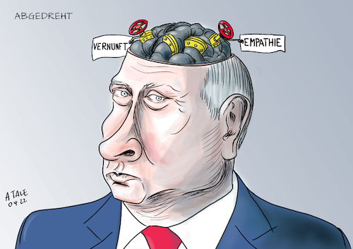 Cartoon: Abgedreht (medium) by Ago tagged russland,präsident,wladimir,putin,ukraine,krise,krieg,angriffskrieg,diktatur,rückfall,imperialismus,abhängigkeit,energie,rohstoffe,gas,europa,nato,westen,sanktionen,wirtschaft,schaden,drohung,lieferstopp,pipeline,leitungen,abgedreht,kaltblütig,skrupellos,gehirn,empathie,moral,menschliche,werte,verstand,vernunft,porträt,gesicht,politik,caricature,karikatur,cartoon,pressezeichnung,illustration,tale,agostino,natale,russland,präsident,wladimir,putin,ukraine,krise,krieg,angriffskrieg,diktatur,rückfall,imperialismus,abhängigkeit,energie,rohstoffe,gas,europa,nato,westen,sanktionen,wirtschaft,schaden,drohung,lieferstopp,pipeline,leitungen,abgedreht,kaltblütig,skrupellos,gehirn,empathie,moral,menschliche,werte,verstand,vernunft,porträt,gesicht,politik,caricature,karikatur,cartoon,pressezeichnung,illustration,tale,agostino,natale