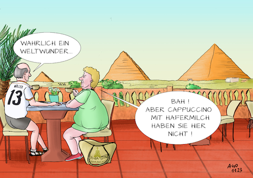 Cartoon: Achtsamkeit (medium) by Ago tagged tourismus,ägypten,pyramiden,weltwunder,sehenswürdigkeiten,ehepaar,deutschland,nabelschau,befindlichkeiten,egozentrik,cappuccino,hafermilch,achtsamkeit,selbstoptimierung,gesellschaft,zwang,hafermilchgesellschaft,wirtschaft,politik,caricature,karikatur,cartoon,pressezeichnung,illustration,ago,agostino,natale,tourismus,ägypten,pyramiden,weltwunder,sehenswürdigkeiten,ehepaar,deutschland,nabelschau,befindlichkeiten,egozentrik,cappuccino,hafermilch,achtsamkeit,selbstoptimierung,gesellschaft,zwang,hafermilchgesellschaft,wirtschaft,politik,caricature,karikatur,cartoon,pressezeichnung,illustration,ago,agostino,natale