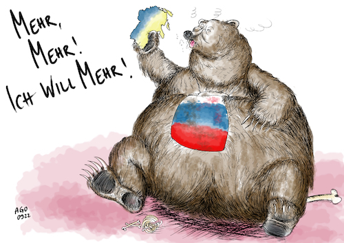 Cartoon: Adipöser Bär (medium) by Ago tagged russland,präsident,wladimir,putin,ukraine,krise,angriffskrieg,konfrontation,annektierung,kriegsgebiete,scheinreferenden,völkerrechtswidrig,maßlos,unersättlich,gierig,riesenreich,bär,übergewichtig,adipös,politik,caricature,karikatur,cartoon,pressezeichnung,illustration,ago,agostino,natale,russland,präsident,wladimir,putin,ukraine,krise,angriffskrieg,konfrontation,annektierung,kriegsgebiete,scheinreferenden,völkerrechtswidrig,maßlos,unersättlich,gierig,riesenreich,bär,übergewichtig,adipös,politik,caricature,karikatur,cartoon,pressezeichnung,illustration,ago,agostino,natale