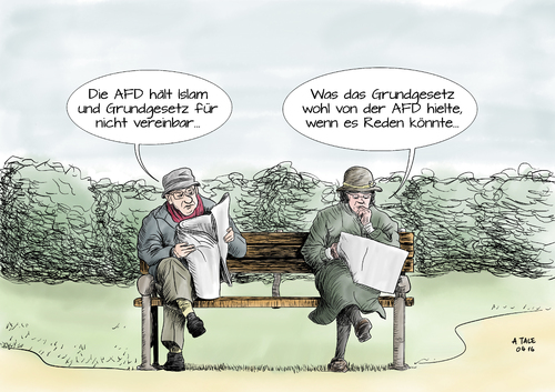 Cartoon: AFD und das Grundgesetz (medium) by Ago tagged afd,alternative,für,deutschland,beatrix,von,storch,parteivize,interview,fas,frankfurter,allgemeine,sonntagszeitung,parteitag,islam,grundgesetz,unvereinbarkeit,religionsfreiheit,populismus,verallgemeinerung,sippenhaft,hetze,radikalisierung,klima,verbot,minarette,muezzin,paar,park,bank,zeitung,lesen,politik,cartoon,karikatur,afd,alternative,für,deutschland,beatrix,von,storch,parteivize,interview,fas,frankfurter,allgemeine,sonntagszeitung,parteitag,islam,grundgesetz,unvereinbarkeit,religionsfreiheit,populismus,verallgemeinerung,sippenhaft,hetze,radikalisierung,klima,verbot,minarette,muezzin,paar,park,bank,zeitung,lesen,politik,cartoon,karikatur