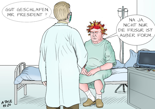 Cartoon: Außer Form (medium) by Ago tagged donald,trump,usa,präsident,erkrankung,covid,neunzehn,positiv,test,abstrich,corona,virus,stationär,behandlung,krankenhaus,widersprüchliche,aussagen,zustand,verharmlosung,pandemie,verweigerer,atemschutzmasken,schutzmaßnahmen,ablehnung,mangelnde,vorbildfunktion,unverantwortlich,populist,polarisierung,narzismus,rücksichtslosigkeit,ungewisse,auswirkungen,wahlkampf,ausgang,wahlen,politik,caricature,karikatur,cartoon,pressezeichnung,illustration,tale,agostino,natale,donald,trump,usa,präsident,erkrankung,covid,neunzehn,positiv,test,abstrich,corona,virus,stationär,behandlung,krankenhaus,widersprüchliche,aussagen,zustand,verharmlosung,pandemie,verweigerer,atemschutzmasken,schutzmaßnahmen,ablehnung,mangelnde,vorbildfunktion,unverantwortlich,populist,polarisierung,narzismus,rücksichtslosigkeit,ungewisse,auswirkungen,wahlkampf,ausgang,wahlen,politik,caricature,karikatur,cartoon,pressezeichnung,illustration,tale,agostino,natale