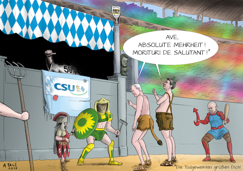 Cartoon: Auweh absolute Mehrheit (medium) by Ago tagged markus,söder,horst,seehofer,csu,bayern,landtagswahl,umfragewerte,verlust,absolute,mehrheit,historische,niederlage,spd,niedergang,volksparteien,gewinne,aufwind,grüne,afd,freie,wähler,falsche,strategie,populismus,konkurrenz,rechtsextremismus,stammtischparolen,wahlkampf,arena,gladiatoren,politik,karikatur,cartoon,pressezeichnung,illustration,tale,agostino,natale,markus,söder,horst,seehofer,csu,bayern,landtagswahl,umfragewerte,verlust,absolute,mehrheit,historische,niederlage,spd,niedergang,volksparteien,gewinne,aufwind,grüne,afd,freie,wähler,falsche,strategie,populismus,konkurrenz,rechtsextremismus,stammtischparolen,wahlkampf,arena,gladiatoren,politik,karikatur,cartoon,pressezeichnung,illustration,tale,agostino,natale