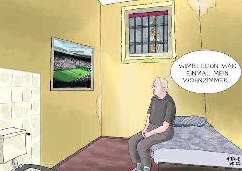 Cartoon: Becker im Aus (medium) by Ago tagged boris,becker,tennisspieler,london,verurteilung,gericht,insolvenzverfahren,falschangaben,haftstrafe,tennislegende,jüngster,gewinner,wimbledon,tennis,sport,interview,bonmot,wohnzimmer,gefängnis,zelle,politik,caricature,karikatur,cartoon,pressezeichnung,illustration,tale,agostino,natale,boris,becker,tennisspieler,london,verurteilung,gericht,insolvenzverfahren,falschangaben,haftstrafe,tennislegende,jüngster,gewinner,wimbledon,tennis,sport,interview,bonmot,wohnzimmer,gefängnis,zelle,politik,caricature,karikatur,cartoon,pressezeichnung,illustration,tale,agostino,natale