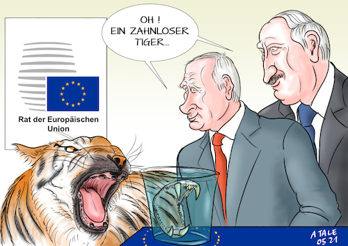 Cartoon: Beisshemmung (medium) by Ago tagged eu,gipfel,ratssitzung,europäische,union,staats,regierungschefs,besprechung,beratung,sanktionen,russland,weißrussland,belarus,wladimir,putin,lukaschenko,regime,scheindemokratien,erzwungene,landung,passagierflugzeug,piraterie,minsk,verhaftung,oppositioneller,tiger,zahnlos,wirksamkeit,strafmaßnahmen,interessenskonflikt,wirtschaft,politik,caricature,karikatur,cartoon,pressezeichnung,illustration,tale,agostino,natale,eu,gipfel,ratssitzung,europäische,union,staats,regierungschefs,besprechung,beratung,sanktionen,russland,weißrussland,belarus,wladimir,putin,lukaschenko,regime,scheindemokratien,erzwungene,landung,passagierflugzeug,piraterie,minsk,verhaftung,oppositioneller,tiger,zahnlos,wirksamkeit,strafmaßnahmen,interessenskonflikt,wirtschaft,politik,caricature,karikatur,cartoon,pressezeichnung,illustration,tale,agostino,natale