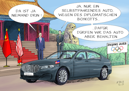 Cartoon: Boyköttchen (medium) by Ago tagged usa,china,peking,olympische,winterspiele,diplomatischer,boykott,verletzung,menschenrechte,autokratie,wirtschaftsbeziehungen,handel,geschäftsinteressen,automobilindustrie,absatzmarkt,wachstum,asien,protest,sanktionen,halbherzig,fadenscheinig,selbstfahrendes,auto,ki,automation,empfang,politik,caricature,karikatur,cartoon,pressezeichnung,illustration,tale,agostino,natale,usa,china,peking,olympische,winterspiele,diplomatischer,boykott,verletzung,menschenrechte,autokratie,wirtschaftsbeziehungen,handel,geschäftsinteressen,automobilindustrie,absatzmarkt,wachstum,asien,protest,sanktionen,halbherzig,fadenscheinig,selbstfahrendes,auto,ki,automation,empfang,politik,caricature,karikatur,cartoon,pressezeichnung,illustration,tale,agostino,natale