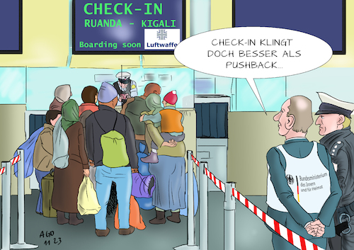 Cartoon: Check-In Ruanda (medium) by Ago tagged asylrecht,verschärfung,eu,europa,deutschland,auslagerung,asylverfahren,ausland,auffanglager,abschiebung,herkunftsländer,abkommen,ruanda,modell,großbritannien,pushback,grenzkontrollen,rückführung,kritik,rechtmäßigkeit,änderung,grundrechte,flughafen,schalter,checkin,polizei,migranten,flüchtlinge,politik,karikatur,cartoon,pressezeichnung,illustration,ago,agostino,natale,asylrecht,verschärfung,eu,europa,deutschland,auslagerung,asylverfahren,ausland,auffanglager,abschiebung,herkunftsländer,abkommen,ruanda,modell,großbritannien,pushback,grenzkontrollen,rückführung,kritik,rechtmäßigkeit,änderung,grundrechte,flughafen,schalter,checkin,polizei,migranten,flüchtlinge,politik,karikatur,cartoon,pressezeichnung,illustration,ago,agostino,natale