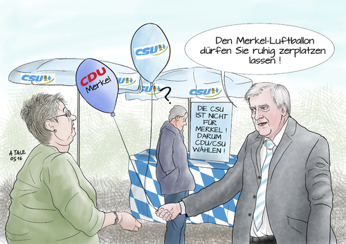 Cartoon: CSU eigener Wahlkampf (medium) by Ago tagged csu,cdu,regierung,schwesterparteien,angela,merkel,horst,seehofer,eigener,wahlkampf,drohung,bundestagswahl,2017,abgrenzung,anti,kurs,flüchtlingspolitik,afd,mitte,rechtsruck,differenzen,wahlprogramm,interview,dobrindt,der,spiegel,politik,karikatur,cartoon,tale,csu,cdu,regierung,schwesterparteien,angela,merkel,horst,seehofer,eigener,wahlkampf,drohung,bundestagswahl,2017,abgrenzung,anti,kurs,flüchtlingspolitik,afd,mitte,rechtsruck,differenzen,wahlprogramm,interview,dobrindt,der,spiegel,politik,karikatur,cartoon,tale