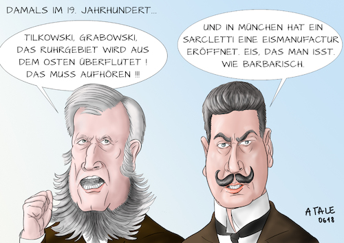 Cartoon: Damals im 19. Jahrhundert... (medium) by Ago tagged cdu,csu,merkel,seehofer,söder,deutschland,bayern,regierung,schwesterparteien,streit,grenzkontrollen,zurückweisung,dublin,abkommen,asylpolitik,flüchtlingspolitik,wahlkampf,verluste,populisten,radikalisierung,abgrenzung,fremdenfeindlichkeit,nationalismus,rückfall,neunzehntes,jahrhundert,politik,karikatur,cartoon,pressezeichnung,illustration,tale,agostino,natale,cdu,csu,merkel,seehofer,söder,deutschland,bayern,regierung,schwesterparteien,streit,grenzkontrollen,zurückweisung,dublin,abkommen,asylpolitik,flüchtlingspolitik,wahlkampf,verluste,populisten,radikalisierung,abgrenzung,fremdenfeindlichkeit,nationalismus,rückfall,neunzehntes,jahrhundert,politik,karikatur,cartoon,pressezeichnung,illustration,tale,agostino,natale