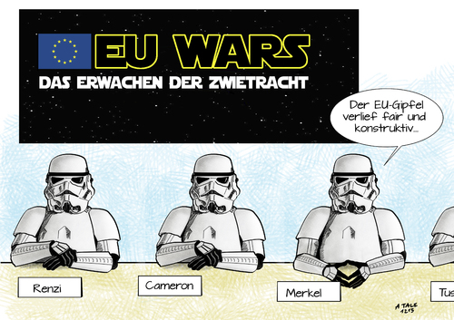 Cartoon: Das Erwachen der Zwietracht (medium) by Ago tagged eu,gipfel,gipfeltreffen,bruessel,merkel,cameron,renzi,tusk,diskussion,differenzen,streit,brexit,fluechtlingskrise,fluechtlinge,problematik,forderungen,begrenzungen,sozialleistungen,referendum,england,austritt,deutschland,grenzen,dublin,abkommen,politik,star,wars,film,hollywood,erwachen,der,macht,zwietracht,wortspiel,stormtroopers,verkleidung,persiflage,parodie,karikatur,cartoon,eu,gipfel,gipfeltreffen,bruessel,merkel,cameron,renzi,tusk,diskussion,differenzen,streit,brexit,fluechtlingskrise,fluechtlinge,problematik,forderungen,begrenzungen,sozialleistungen,referendum,england,austritt,deutschland,grenzen,dublin,abkommen,politik,star,wars,film,hollywood,erwachen,der,macht,zwietracht,wortspiel,stormtroopers,verkleidung,persiflage,parodie,karikatur,cartoon