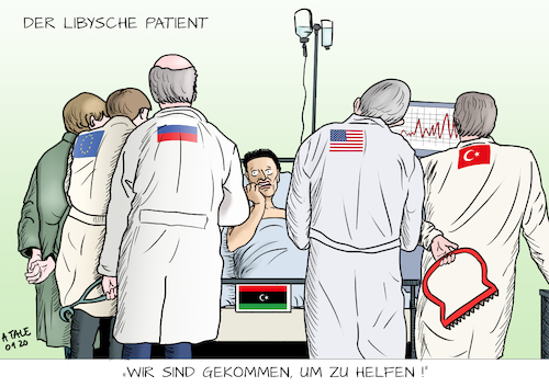 Cartoon: Der libysche Patient (medium) by Ago tagged libyen,bürgerkrieg,konflikt,chaos,konferenz,berlin,un,eu,usa,türkei,russland,konfliktparteien,einmischung,interessen,gegenregierung,regionalmächte,nordafrika,arabien,ölquellen,schattenkrieg,stellvertreterkrieg,machtvakuum,einflusssphären,patient,ärzte,verschlimmerung,politik,caricature,karikatur,cartoon,pressezeichnung,illustration,tale,agostino,natale,libyen,bürgerkrieg,konflikt,chaos,konferenz,berlin,un,eu,usa,türkei,russland,konfliktparteien,einmischung,interessen,gegenregierung,regionalmächte,nordafrika,arabien,ölquellen,schattenkrieg,stellvertreterkrieg,machtvakuum,einflusssphären,patient,ärzte,verschlimmerung,politik,caricature,karikatur,cartoon,pressezeichnung,illustration,tale,agostino,natale