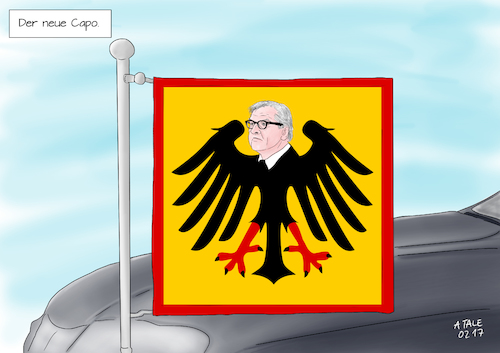 Cartoon: Der neue Bundespräsident (medium) by Ago tagged frank,walter,steinmeier,wahl,bundesversammlung,12,februar,2017,neuer,bundespräsident,staatsoberhaupt,spd,politiker,ex,außenminister,kandidat,große,koalition,groko,standarte,bundesadler,staatslimousine,oberster,volksvertreter,repräsentative,aufgaben,integrationsfigur,politik,karikatur,cartoon,illustration,tale,agostino,natale,frank,walter,steinmeier,wahl,bundesversammlung,12,februar,2017,neuer,bundespräsident,staatsoberhaupt,spd,politiker,ex,außenminister,kandidat,große,koalition,groko,standarte,bundesadler,staatslimousine,oberster,volksvertreter,repräsentative,aufgaben,integrationsfigur,politik,karikatur,cartoon,illustration,tale,agostino,natale