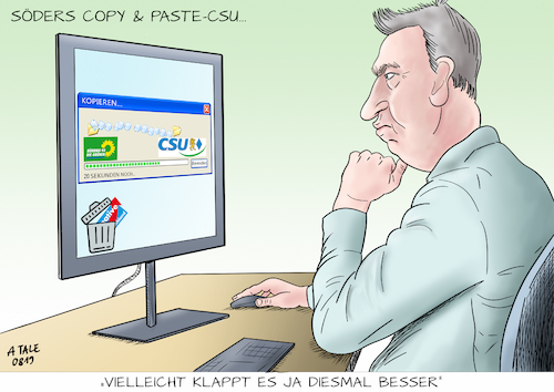 Cartoon: Die Copy and Paste CSU (medium) by Ago tagged csu,ministerpräsident,markus,söder,bayern,umweltpolitik,naturschutz,änderung,schwerpunkt,themen,grünen,beliebtheit,hohe,umfragewerte,nachahmer,opportunist,kopieren,afd,flüchtlingspolitik,migration,schwenk,kehrtwende,politik,csu,ministerpräsident,markus,söder,bayern,umweltpolitik,naturschutz,änderung,schwerpunkt,themen,grünen,beliebtheit,hohe,umfragewerte,nachahmer,opportunist,kopieren,afd,flüchtlingspolitik,migration,schwenk,kehrtwende,politik