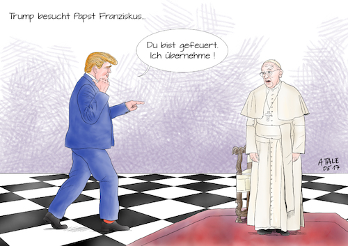 Cartoon: Donald Trump beim Papst (medium) by Ago tagged donald,trump,erste,auslandsreise,nahost,israel,europa,vatikan,besuch,audienz,papst,franziskus,mittwoch,24,mai,2017,staatsbesuch,usa,us,präsident,oberhaupt,katholische,kirche,pontifex,forsch,eigenwillig,eigenmächtig,rücksichtslos,feuern,entlassen,rausschmiss,russland,affäre,fbi,chef,comey,politik,karikatur,cartoon,illustration,tale,agostino,natale,donald,trump,erste,auslandsreise,nahost,israel,europa,vatikan,besuch,audienz,papst,franziskus,mittwoch,24,mai,2017,staatsbesuch,usa,us,präsident,oberhaupt,katholische,kirche,pontifex,forsch,eigenwillig,eigenmächtig,rücksichtslos,feuern,entlassen,rausschmiss,russland,affäre,fbi,chef,comey,politik,karikatur,cartoon,illustration,tale,agostino,natale