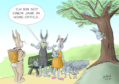 Cartoon: Ein Jahr Homeoffice (medium) by Ago tagged corona,virus,covid,pandemie,ostern,ein,jahr,kontaktbeschränkung,homeoffice,trennung,arbeit,privates,wenig,abwechslung,osterhase,hasen,karnickel,vermehrung,fruchtbarkeit,nachwuchs,park,baum,frühling,politik,caricature,karikatur,cartoon,pressezeichnung,illustration,tale,agostino,natale,corona,virus,covid,pandemie,ostern,ein,jahr,kontaktbeschränkung,homeoffice,trennung,arbeit,privates,wenig,abwechslung,osterhase,hasen,karnickel,vermehrung,fruchtbarkeit,nachwuchs,park,baum,frühling,politik,caricature,karikatur,cartoon,pressezeichnung,illustration,tale,agostino,natale