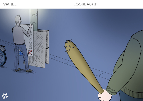 Cartoon: Eskalation (medium) by Ago tagged dresden,sachsen,spd,spitzenkandidat,europaabgeordneter,matthias,ecke,übergriffe,attacken,einschüchterungen,politiker,wahlkämpfer,europawahl,zerstörung,plakate,eskalation,demokratiefeindlich,extremismus,gewalt,politik,caricature,karikatur,cartoon,pressezeichnung,illustration,ago,agostino,natale,dresden,sachsen,spd,spitzenkandidat,europaabgeordneter,matthias,ecke,übergriffe,attacken,einschüchterungen,politiker,wahlkämpfer,europawahl,zerstörung,plakate,eskalation,demokratiefeindlich,extremismus,gewalt,politik,caricature,karikatur,cartoon,pressezeichnung,illustration,ago,agostino,natale