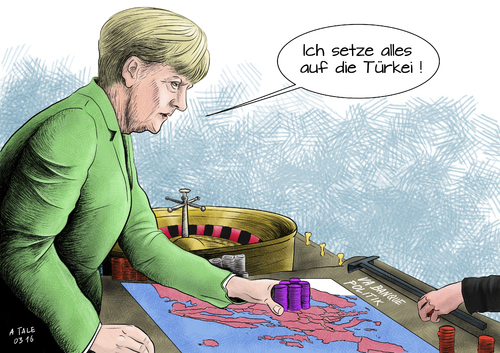 Cartoon: EU-Gipfel mit der Türkei (medium) by Ago tagged eu,gipfel,maerz,2016,bruessel,europa,tuerkei,merkel,deutschland,hot,spot,fluechtlingskrise,fluechtlingspolitik,loesung,verhandlung,camps,hilfe,unterstuetzung,geld,geldforderung,lager,aufnehmen,fluechtlinge,migration,asyl,syrien,buergerkrieg,schengen,abriegelung,balkanroute,roulette,va,banque,alles,auf,eine,karte,setzen,risiko,politik,cartoon,karikatur,eu,gipfel,maerz,2016,bruessel,europa,tuerkei,merkel,deutschland,hot,spot,fluechtlingskrise,fluechtlingspolitik,loesung,verhandlung,camps,hilfe,unterstuetzung,geld,geldforderung,lager,aufnehmen,fluechtlinge,migration,asyl,syrien,buergerkrieg,schengen,abriegelung,balkanroute,roulette,va,banque,alles,auf,eine,karte,setzen,risiko,politik,cartoon,karikatur