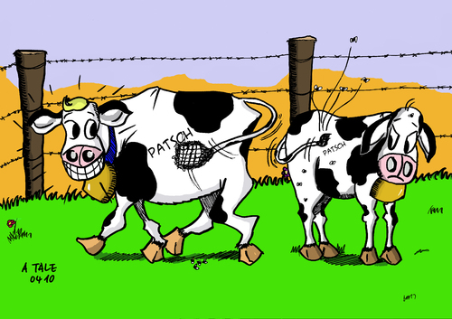 Cartoon: Fliegenklatsche (medium) by Ago tagged fliegenklatsche,fliegen,cow,kühe,selection,mutation,anpassung,evolution