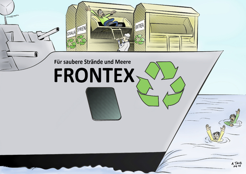 Cartoon: Frontex Saubere Strände (medium) by Ago tagged mittelmeer,tragoedie,fluechtlinge,migration,armut,krieg,flucht,schlepper,frontex,triton,lampedusa,sizilien,libyen,syrien,eritrea,somalia,afrika,nordafrika,eu,europa,abschottung,aufnahme,streit,diskussion,tod,ertrinken,schiffe,schrottfrachter,havarie,untergang,hilfe,sinken,seenot,massensterben,schiffbruechige,marine,grenzschutz,asylbewerber,asyl,dublin,regelung,fluchtwege,migrationsregelung,recycling,gruener,pfeil,altkleiderbehaelter,politik,karikatur,sarkasmus,ironie,cartoon,mittelmeer,tragoedie,fluechtlinge,migration,armut,krieg,flucht,schlepper,frontex,triton,lampedusa,sizilien,libyen,syrien,eritrea,somalia,afrika,nordafrika,eu,europa,abschottung,aufnahme,streit,diskussion,tod,ertrinken,schiffe,schrottfrachter,havarie,untergang,hilfe,sinken,seenot,massensterben,schiffbruechige,marine,grenzschutz,asylbewerber,asyl,dublin,regelung,fluchtwege,migrationsregelung,recycling,gruener,pfeil,altkleiderbehaelter,politik,karikatur,sarkasmus,ironie,cartoon