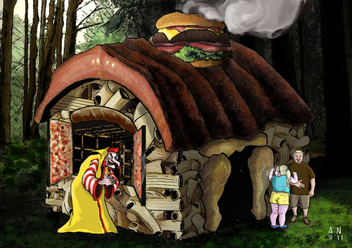 Cartoon: Hänsel und Gretel 2.0 (medium) by Ago tagged obesity,nutrition,übergewicht,ernährung,food,fast,hexe,märchen,gretel,hänsel,hänsel,gretel,märchen,hexe,fast food,übergewicht,nutrition,obesity,fast,food