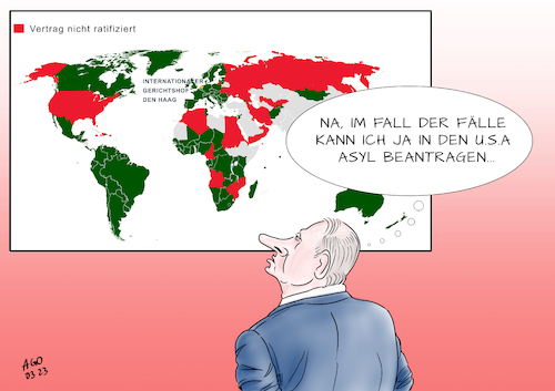 Cartoon: Haftbefehl gegen Putin (medium) by Ago tagged internationaler,gerichtshof,den,haag,icc,haager,tribunal,haftbefehl,russland,präsident,wladimir,putin,ukraine,krise,angriffskrieg,vertrag,staaten,anerkennung,ratifizierung,usa,asyl,landkarte,politik,caricature,karikatur,cartoon,pressezeichnung,illustration,ago,agostino,natale,internationaler,gerichtshof,den,haag,icc,haager,tribunal,haftbefehl,russland,präsident,wladimir,putin,ukraine,krise,angriffskrieg,vertrag,staaten,anerkennung,ratifizierung,usa,asyl,landkarte,politik,caricature,karikatur,cartoon,pressezeichnung,illustration,ago,agostino,natale