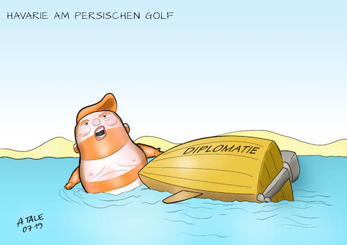 Cartoon: Havarie am persischen Golf (medium) by Ago tagged iran,konflikt,krise,usa,präsident,donald,trump,spannungen,persischer,golf,straße,von,hormus,beschlagnahmung,tanker,großbritannien,retourkutsche,iranische,revolutionsgarden,konfrontation,eskalation,nach,kündigung,atomabkommen,kriegsgefahr,drohende,militäraktionen,keine,diplomatie,verhandlungen,sackgasse,havarie,boot,gekentert,boje,babydoll,politik,karikatur,cartoon,pressezeichnung,illustration,tale,agostino,natale,iran,konflikt,krise,usa,präsident,donald,trump,spannungen,persischer,golf,straße,von,hormus,beschlagnahmung,tanker,großbritannien,retourkutsche,iranische,revolutionsgarden,konfrontation,eskalation,nach,kündigung,atomabkommen,kriegsgefahr,drohende,militäraktionen,keine,diplomatie,verhandlungen,sackgasse,havarie,boot,gekentert,boje,babydoll,politik,karikatur,cartoon,pressezeichnung,illustration,tale,agostino,natale