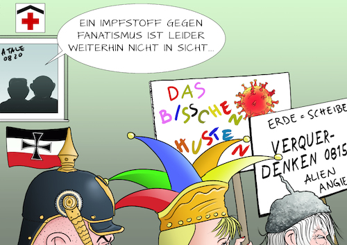 Cartoon: Impfstoff verzweifelt gesucht (medium) by Ago tagged berlin,demonstrationen,proteste,eskalation,reichstag,corona,virus,covid,maßnahmen,pandemie,einschränkungen,gegner,coronapolitik,leugner,verharmlosung,gemeinsam,schulterschluss,afd,rechtsradikale,reichsbürger,unterwanderung,dubiose,gruppen,querdenken,verschwörungstheorien,fanatismus,extremismus,pickelhaube,narrenkappe,aluhut,impfstoff,politik,caricature,karikatur,cartoon,pressezeichnung,illustration,tale,agostino,natale,berlin,demonstrationen,proteste,eskalation,reichstag,corona,virus,covid,maßnahmen,pandemie,einschränkungen,gegner,coronapolitik,leugner,verharmlosung,gemeinsam,schulterschluss,afd,rechtsradikale,reichsbürger,unterwanderung,dubiose,gruppen,querdenken,verschwörungstheorien,fanatismus,extremismus,pickelhaube,narrenkappe,aluhut,impfstoff,politik,caricature,karikatur,cartoon,pressezeichnung,illustration,tale,agostino,natale