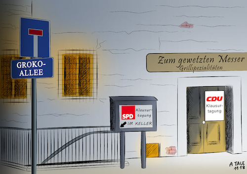 Cartoon: In Klausur (medium) by Ago tagged cdu,spd,klausurtagungen,berlin,regierung,groko,krise,koalition,wahlniederlagen,hessen,bayern,rückzug,parteivorsitz,angela,merkel,kanzlerin,regelung,nachfolge,schlechte,umfragewerte,verdruss,wechselstimmung,niedergang,volksparteien,ausrichtung,kursbestimmung,radikalisierung,populismus,zersplitterung,parteienlandschaft,karikatur,cartoon,pressezeichnung,illustration,tale,agostino,natale,cdu,spd,klausurtagungen,berlin,regierung,groko,krise,koalition,wahlniederlagen,hessen,bayern,rückzug,parteivorsitz,angela,merkel,kanzlerin,regelung,nachfolge,schlechte,umfragewerte,verdruss,wechselstimmung,niedergang,volksparteien,ausrichtung,kursbestimmung,radikalisierung,populismus,zersplitterung,parteienlandschaft,karikatur,cartoon,pressezeichnung,illustration,tale,agostino,natale