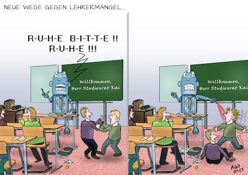 Cartoon: Lehrermangel gelöst (medium) by Ago tagged lehrermangel,schulen,stundenausfall,bildungsauftrag,verbesserung,bericht,kultusministerkonferenz,swk,vorschläge,empfehlungen,lehrerverbände,widerspruch,künstliche,intelligenz,ki,roboter,schüler,klassenzimmer,rumalbern,lärm,disziplinieren,politik,caricature,karikatur,cartoon,pressezeichnung,illustration,ago,agostino,natale,lehrermangel,schulen,stundenausfall,bildungsauftrag,verbesserung,bericht,kultusministerkonferenz,swk,vorschläge,empfehlungen,lehrerverbände,widerspruch,künstliche,intelligenz,ki,roboter,schüler,klassenzimmer,rumalbern,lärm,disziplinieren,politik,caricature,karikatur,cartoon,pressezeichnung,illustration,ago,agostino,natale