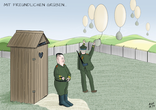 Cartoon: MFG aus Nordkorea (medium) by Ago tagged nordkorea,regime,kim,jong,un,diktator,herrscher,verfeindet,gespalten,südkorea,grenze,ballons,müll,kot,revanche,flugblätter,propaganda,beeinflussung,klohäuschen,politik,caricature,karikatur,cartoon,pressezeichnung,illustration,ago,agostino,natale,nordkorea,regime,kim,jong,un,diktator,herrscher,verfeindet,gespalten,südkorea,grenze,ballons,müll,kot,revanche,flugblätter,propaganda,beeinflussung,klohäuschen,politik,caricature,karikatur,cartoon,pressezeichnung,illustration,ago,agostino,natale