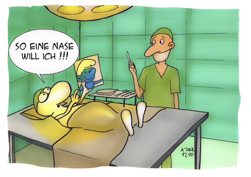 Cartoon: Nasen-OP (medium) by Ago tagged knollennasenmännchen,schlumpf,schönheit,chirurgie,cosmetic,surgery,nase,schönheitsoperation,schönheitsoperation,nase,chirurgie,schönheit,schlumpf,beauty,operation,ideal,kultur