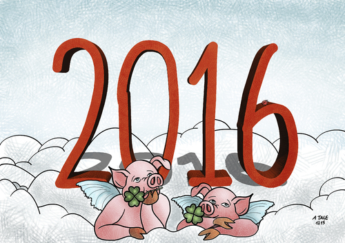 Cartoon: Neujahr 2016 (medium) by Ago tagged neujahr,2016,gluecksschweine,silvester,jahreswechsel,kleeblatt,käfer,himmel,putten,raffael,cartoon,comic,neujahr,2016,gluecksschweine,silvester,jahreswechsel,kleeblatt,käfer,himmel,putten,raffael,cartoon,comic