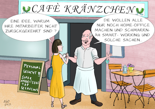 Cartoon: Personalmangel nach der Pandemie (medium) by Ago tagged corona,pandemie,covid,folgen,wirtschaft,personalmangel,abwanderung,gastronomie,dienstleistungssektor,wandel,arbeitsplätze,home,office,smart,working,cafe,lokal,journalistin,wirt,gesundheit,politik,caricature,karikatur,cartoon,pressezeichnung,illustration,ago,agostino,natale,corona,pandemie,covid,folgen,wirtschaft,personalmangel,abwanderung,gastronomie,dienstleistungssektor,wandel,arbeitsplätze,home,office,smart,working,cafe,lokal,journalistin,wirt,gesundheit,politik,caricature,karikatur,cartoon,pressezeichnung,illustration,ago,agostino,natale