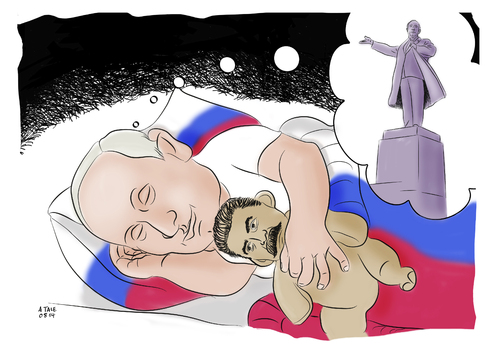 Cartoon: Putins süße Träume (medium) by Ago tagged russland,wladimir,putin,konflikt,ukraine,krieg,bürgerkrieg,grenzstreitigkeiten,ostukraine,neurussland,eu,usa,westen,osten,sanktionen,konfrontation,vorbilder,sowjetunion,lenin,stalin,statue,teddybär,schlafen,träumen,macht,großmacht,denkmal,autokrat,karikatur,politik,cartoon,russland,wladimir,putin,konflikt,ukraine,krieg,bürgerkrieg,grenzstreitigkeiten,ostukraine,neurussland,eu,usa,westen,osten,sanktionen,konfrontation,vorbilder,sowjetunion,lenin,stalin,statue,teddybär,schlafen,träumen,macht,großmacht,denkmal,autokrat,karikatur,politik,cartoon