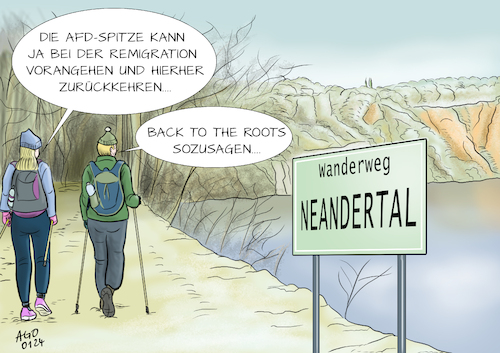 Cartoon: Remigration AFD (medium) by Ago tagged afd,geheimtreffen,potsdam,rechtsextreme,migration,einwanderung,flüchtlingspolitik,vertreibungsplan,abschiebung,aussiedlung,ausweisung,remigration,populismus,stimmungsmache,extremismus,fremdenfeindlichkeit,neandertal,fundort,neandertaler,homo,neanderthalensis,synonym,rückständig,grobschlächtig,hinterwäldlerisch,politik,karikatur,cartoon,pressezeichnung,illustration,ago,agostino,natale,afd,geheimtreffen,potsdam,rechtsextreme,migration,einwanderung,flüchtlingspolitik,vertreibungsplan,abschiebung,aussiedlung,ausweisung,remigration,populismus,stimmungsmache,extremismus,fremdenfeindlichkeit,neandertal,fundort,neandertaler,homo,neanderthalensis,synonym,rückständig,grobschlächtig,hinterwäldlerisch,politik,karikatur,cartoon,pressezeichnung,illustration,ago,agostino,natale