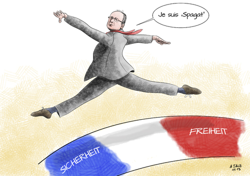 Cartoon: Sicherheit vs Freiheit (medium) by Ago tagged francois,hollande,spagat,paris,13,november,2015,anschläge,anschlagserie,terror,mord,tote,opfer,terrorismus,eu,europa,frankreich,ausnahmezustand,bedrohung,einschränkung,demokratie,freiheit,sicherheit,extremismis,fundamentalismus,fremdenhass,hass,religion,wahn,cartoon,karikatur,francois,hollande,spagat,paris,13,november,2015,anschläge,anschlagserie,terror,mord,tote,opfer,terrorismus,eu,europa,frankreich,ausnahmezustand,bedrohung,einschränkung,demokratie,freiheit,sicherheit,extremismis,fundamentalismus,fremdenhass,hass,religion,wahn,cartoon,karikatur