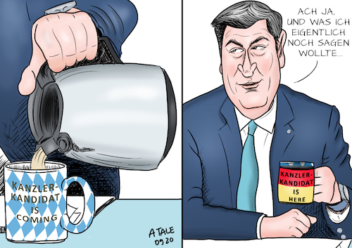 Cartoon: Söder is coming (medium) by Ago tagged csu,bayern,parteitag,online,virtuell,web,konferenz,rede,markus,söder,ansprache,ministerpräsident,staatsmännisch,seriös,grundsatzrede,corona,krise,wahlkampf,hass,zuschriften,effekt,tasse,späßchen,entertainer,aufmerksamkeit,kanzlerkandidatur,ernster,moment,konterkarieren,effekthascherei,scheinheilig,politik,caricature,karikatur,cartoon,pressezeichnung,illustration,tale,agostino,natale,csu,bayern,parteitag,online,virtuell,web,konferenz,rede,markus,söder,ansprache,ministerpräsident,staatsmännisch,seriös,grundsatzrede,corona,krise,wahlkampf,hass,zuschriften,effekt,tasse,späßchen,entertainer,aufmerksamkeit,kanzlerkandidatur,ernster,moment,konterkarieren,effekthascherei,scheinheilig,politik,caricature,karikatur,cartoon,pressezeichnung,illustration,tale,agostino,natale