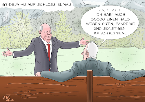 Cartoon: Soooo einen Hals (medium) by Ago tagged g7,gipfel,treffen,deutschland,schloss,elmau,münchen,regierungschefs,präsidenten,usa,kanada,japan,großbritannien,italien,frankreich,krisen,ukraine,russland,krieg,corona,energie,klima,verdruss,viele,konflikte,anspielung,foto,2015,merkel,obama,wiederholung,gipfelort,deja,vu,politik,caricature,karikatur,cartoon,pressezeichnung,illustration,ago,agostino,natale,g7,gipfel,treffen,deutschland,schloss,elmau,münchen,regierungschefs,präsidenten,usa,kanada,japan,großbritannien,italien,frankreich,krisen,ukraine,russland,krieg,corona,energie,klima,verdruss,viele,konflikte,anspielung,foto,2015,merkel,obama,wiederholung,gipfelort,deja,vu,politik,caricature,karikatur,cartoon,pressezeichnung,illustration,ago,agostino,natale