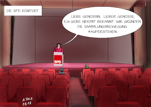 Cartoon: SPD Auferstehen (medium) by Ago tagged spd,andrea,nahles,auferstehen,umfragetief,arbeiterbewegung,niedergang,bedeutungslos,ehemalige,volkspartei,linkspartei,fraktionschefin,sahra,wagenknecht,gründung,sammlungsbewegung,aufstehen,webseite,online,linke,außerparlamentarische,bewegung,mehrheit,politik,saal,leer,karikatur,cartoon,pressezeichnung,illustration,tale,agostino,natale,spd,andrea,nahles,auferstehen,umfragetief,arbeiterbewegung,niedergang,bedeutungslos,ehemalige,volkspartei,linkspartei,fraktionschefin,sahra,wagenknecht,gründung,sammlungsbewegung,aufstehen,webseite,online,linke,außerparlamentarische,bewegung,mehrheit,politik,saal,leer,karikatur,cartoon,pressezeichnung,illustration,tale,agostino,natale