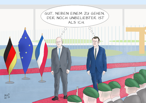 Cartoon: Staatsbesuch Macron (medium) by Ago tagged deutschland,frankreich,eu,europa,offizieller,staatsbesuch,bundeskanzler,olaf,scholz,staatspräsident,emmanuel,macron,geringe,popularität,beliebtheitswerte,umfragen,kritik,empfang,militärische,ehren,protokoll,gespräche,sicherheitspolitik,wirtschaft,politik,karikatur,cartoon,pressezeichnung,illustration,ago,agostino,natale,deutschland,frankreich,eu,europa,offizieller,staatsbesuch,bundeskanzler,olaf,scholz,staatspräsident,emmanuel,macron,geringe,popularität,beliebtheitswerte,umfragen,kritik,empfang,militärische,ehren,protokoll,gespräche,sicherheitspolitik,wirtschaft,politik,karikatur,cartoon,pressezeichnung,illustration,ago,agostino,natale