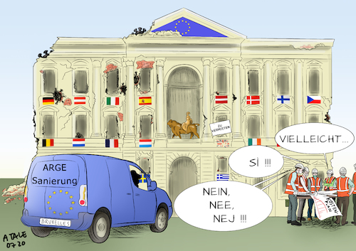 Cartoon: Streitgemeinschaft EU (medium) by Ago tagged eu,gipfel,brüssel,corona,krise,hilfspaket,finanzierung,unterstützung,billionen,euro,regierungschefs,schwierige,verhandlungen,streitpunkte,eigeninteressen,mangelnde,solidarität,sparsamen,vier,kredite,statt,zuschüsse,rezession,rückgang,konjunktur,coronavirus,lungenkrankheit,infektion,pandemie,weltweit,covid,neunzehn,einschränkungen,lockdown,folgen,nachwirkung,wirtschaft,arbeitslosigkeit,kurzarbeit,produktion,handel,haus,europa,schäden,sanierung,politik,caricature,karikatur,cartoon,pressezeichnung,illustration,tale,agostino,natale,eu,gipfel,brüssel,corona,krise,hilfspaket,finanzierung,unterstützung,billionen,euro,regierungschefs,schwierige,verhandlungen,streitpunkte,eigeninteressen,mangelnde,solidarität,sparsamen,vier,kredite,statt,zuschüsse,rezession,rückgang,konjunktur,coronavirus,lungenkrankheit,infektion,pandemie,weltweit,covid,neunzehn,einschränkungen,lockdown,folgen,nachwirkung,wirtschaft,arbeitslosigkeit,kurzarbeit,produktion,handel,haus,europa,schäden,sanierung,politik,caricature,karikatur,cartoon,pressezeichnung,illustration,tale,agostino,natale